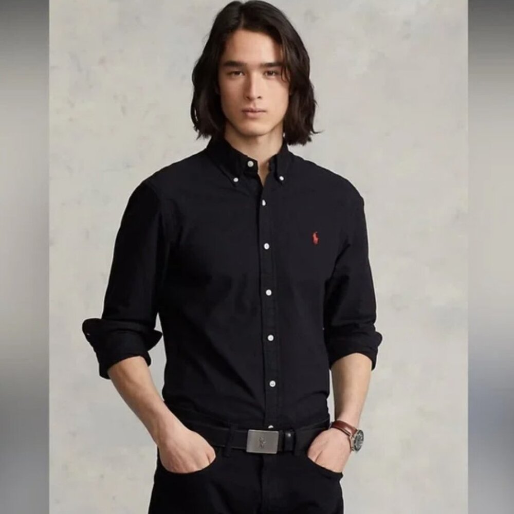 Polo Ralph Lauren Black Red Pony Embroidered Thick Cotton Shirt sz M Preppy